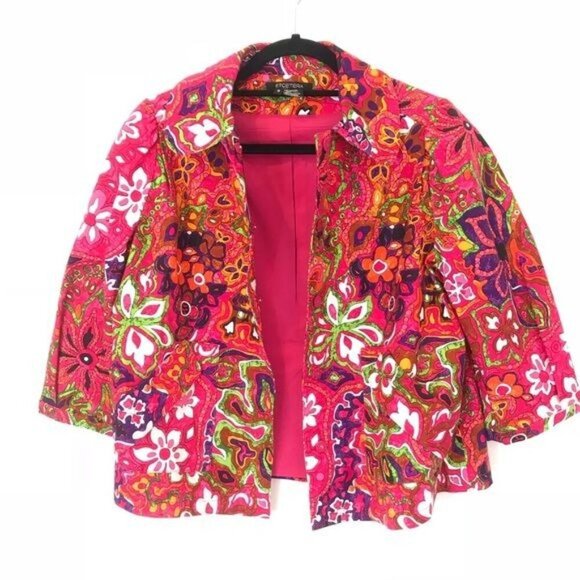Etcetera Size 8 Multicolor Paisley Floral Swing Blazer Jacket 3/4 Sleeve Cotton - Picture 3 of 8